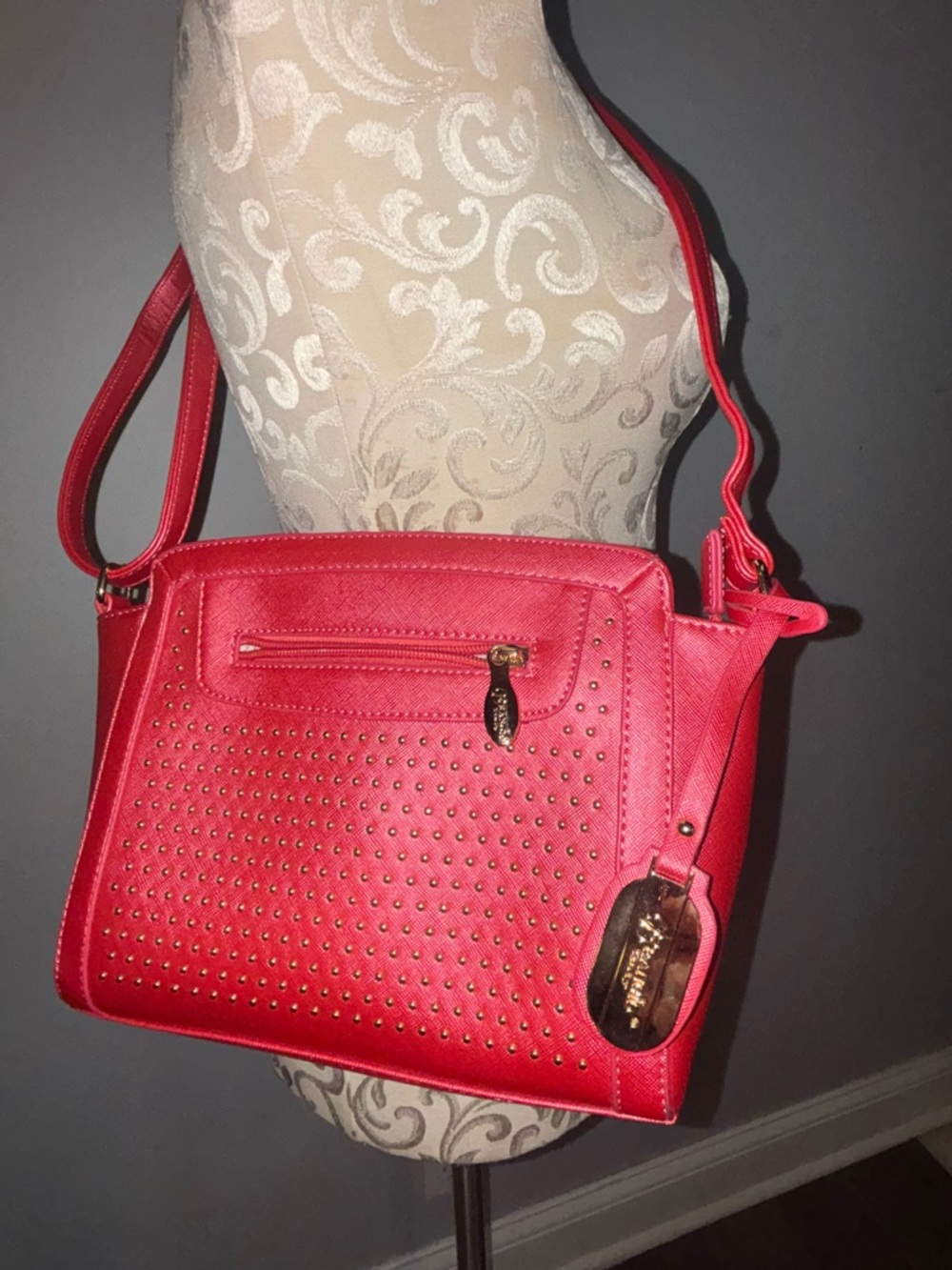 Brangio Italy Red Studded Crossbody Shoulder Bag with Gold Hardware